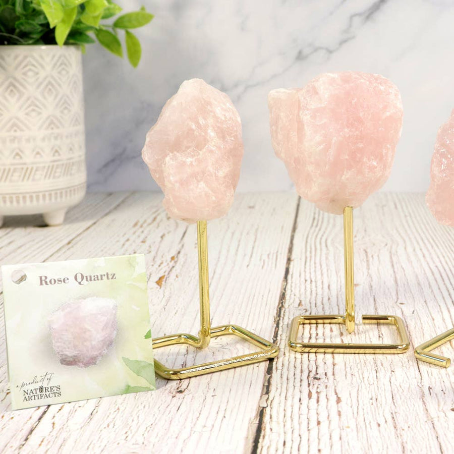 Rose Quartz on Gold Metal Stand Small